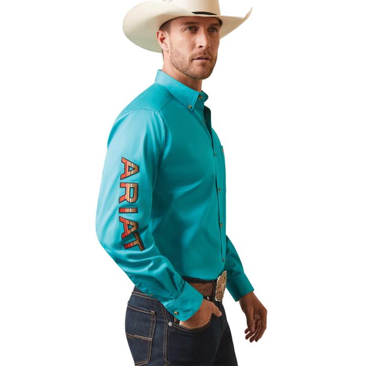 camisa ajustada de sarga con logo del equipo Ariat hombres verde azulado tapas 044J1001