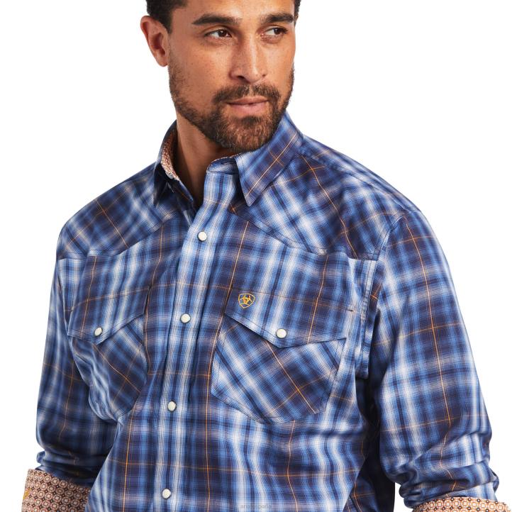 camisa con cierre de presión de corte clásico y elasticidad inexorable e implacable Ariat hombres fronda azul tapas 044J1364