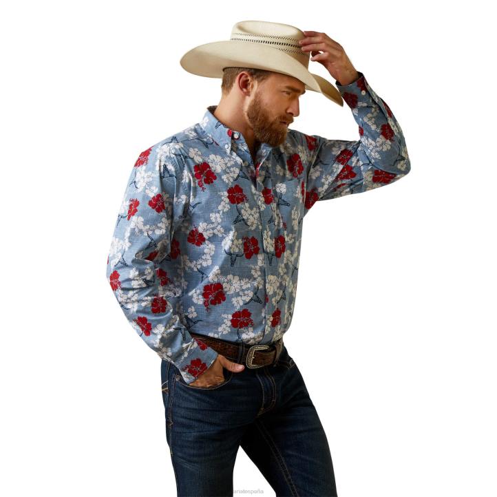 camisa de ajuste clásico elástica aloha occidental Ariat hombres cambray azul tapas 044J1363
