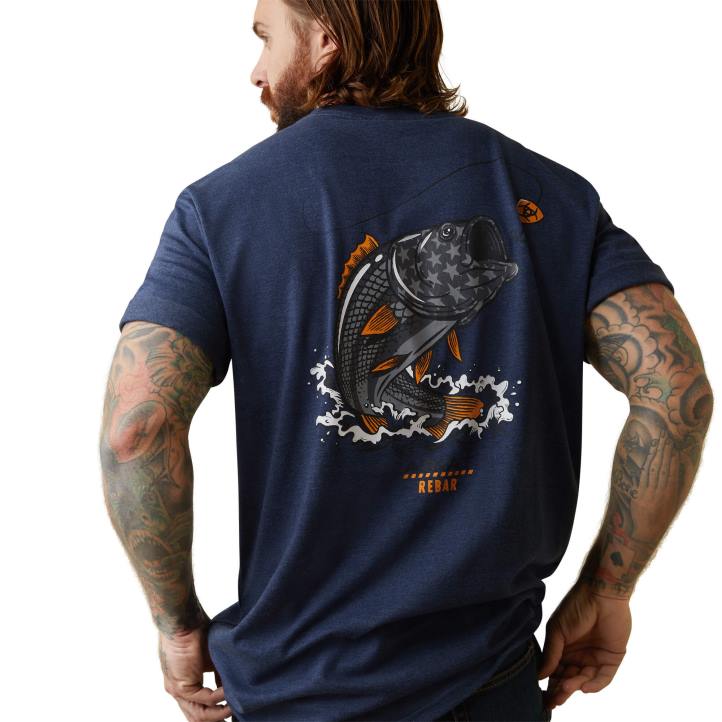 Camiseta Rebar Cottonstrong American Bass Ariat hombres jaspeado azul marino tapas 044J551