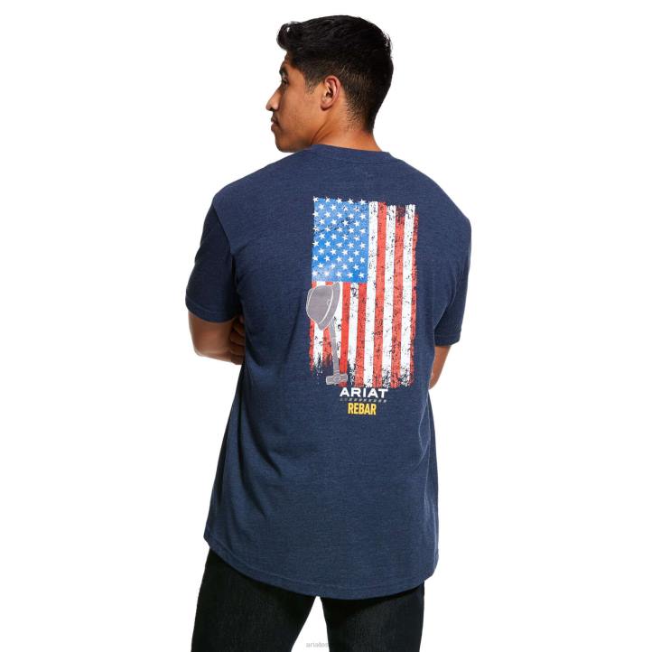 Camiseta gráfica de algodón con barra de refuerzo de grano americano fuerte Ariat hombres jaspeado azul marino tapas 044J681
