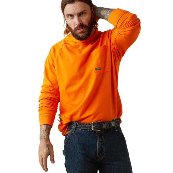 camiseta con capucha Rebar Cottonstrong Ariat hombres naranja brillante tapas 044J849