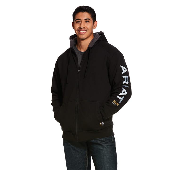 Rebar sudadera con capucha y cremallera completa para todo tipo de clima Ariat hombres negro tapas 044J1393