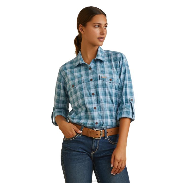 camisa de trabajo durastretch resistente hecha con barras de refuerzo Ariat mujer cielo despejado a cuadros tapas 044J3053