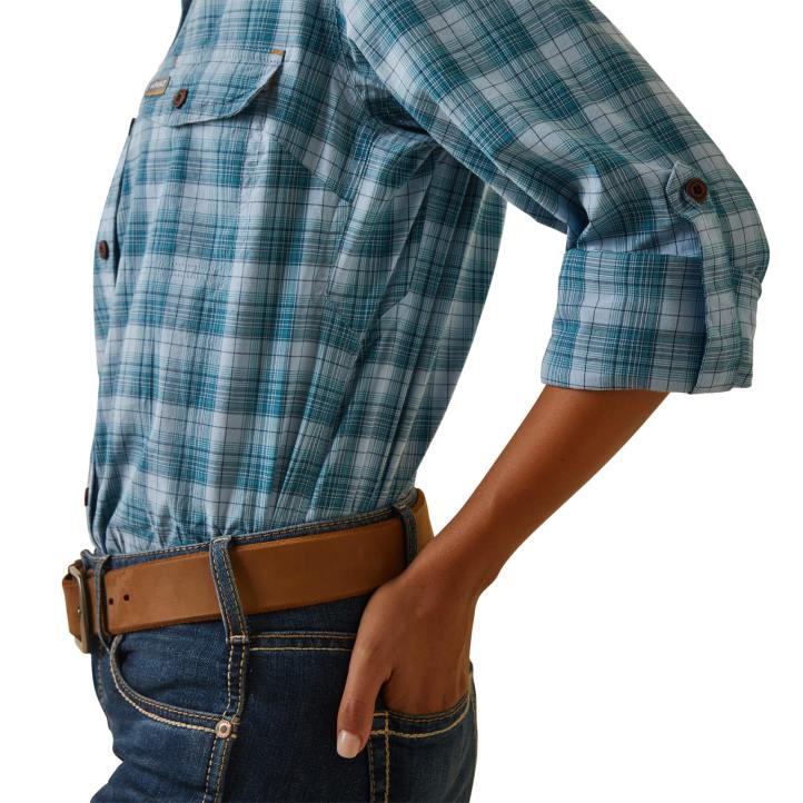 camisa de trabajo durastretch resistente hecha con barras de refuerzo Ariat mujer cielo despejado a cuadros tapas 044J3053