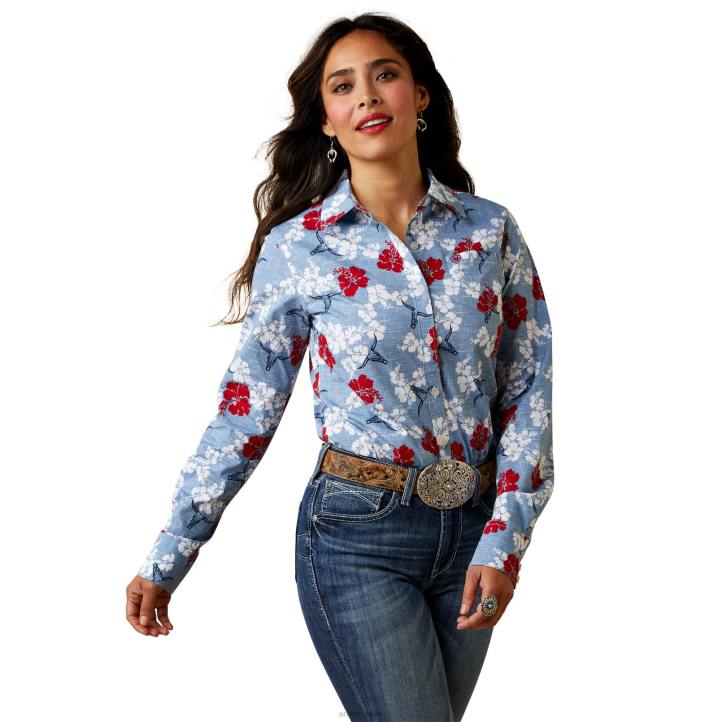 camisa kirby elástica resistente a las arrugas Ariat mujer pareau prin rojo blanco y azul tapas 044J3183