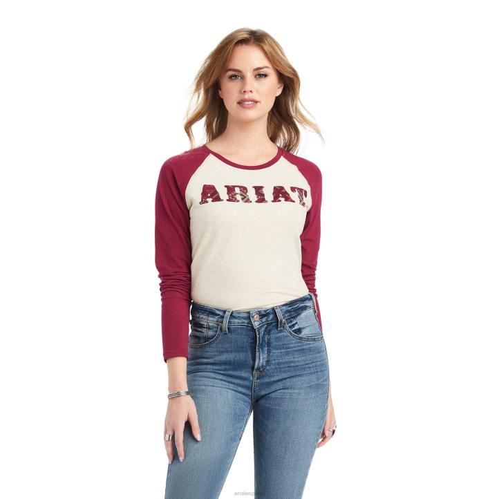 verdadera camiseta de béisbol Ariat mujer avena brezo/rojo remolacha tapas 044J3156